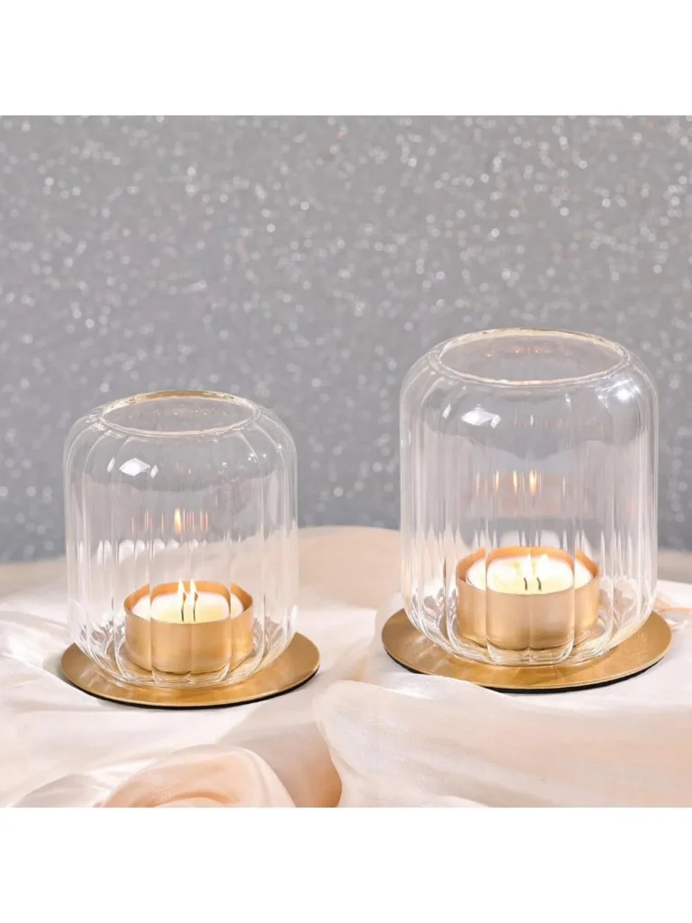 Set of 2 Lantern Style Tealight Candle Holders - Clear Glass & Metal Base